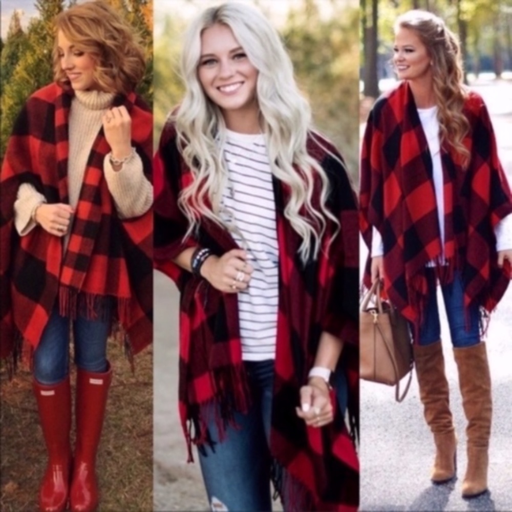 Cozy Buffalo Plaid Tassel Hem Poncho Shawl - Picture 2 of 8